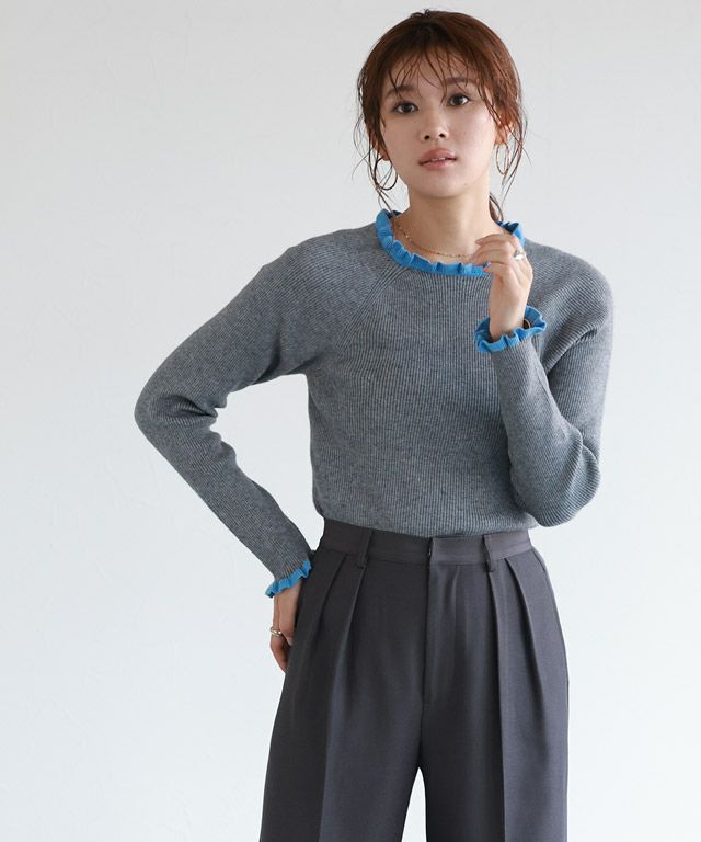 166cm / 杢グレー×ブルー / クルーネック / M