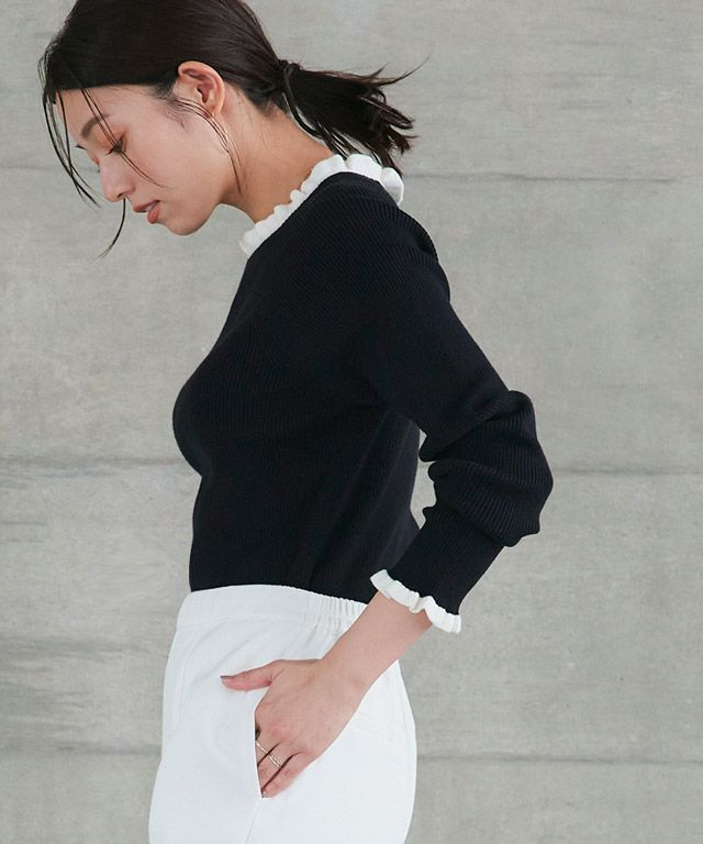 167cm / ブラック×オフホワイト / クルーネック / M