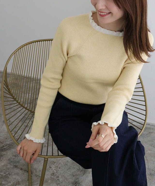 163cm / ライトイエロー×オフホワイト / クルーネック / M