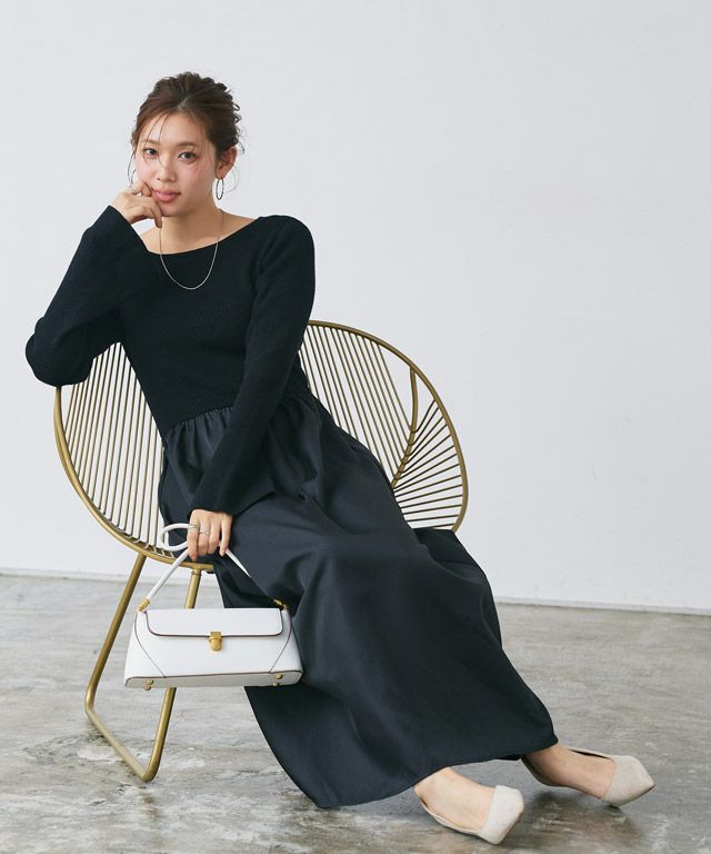 166cm / ブラック×ブラック / ボートネック / M