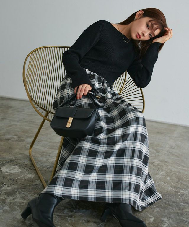 166cm / ブラック×チェック / ボートネック / M