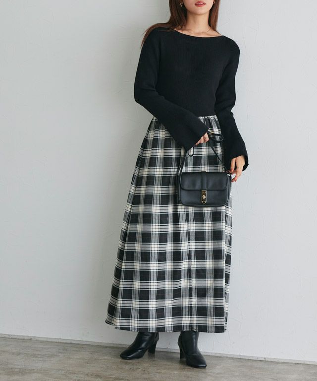 166cm / ブラック×チェック / ボートネック / M