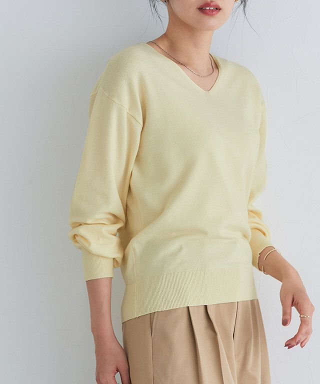 162cm / クリームイエロー / Vネック / M