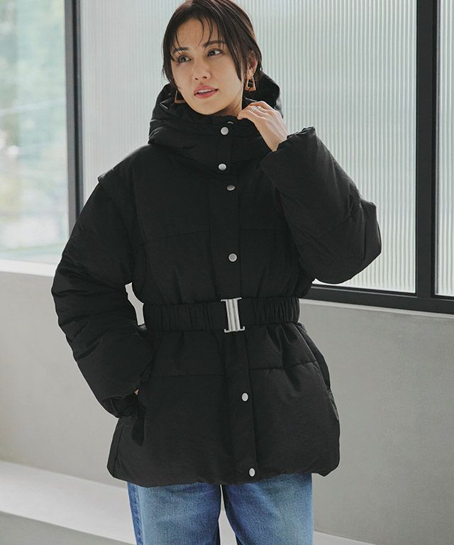 ウエストベルト付きネイビーのダウンジャケット RASW]ウエストベルトファイバーダウンコート ◇ 送料無料 | 【公式