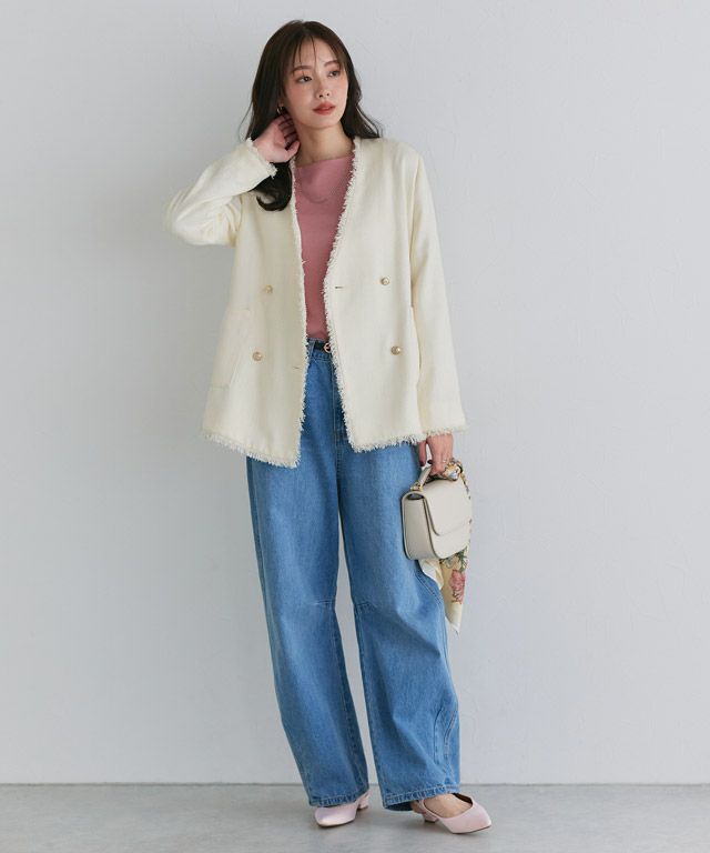 美品✨2022　プラージュ　ツイードロングジャケット ノーカラー フリンジ　38 美品✨2022 プラージュ ツイードロングジャケット ノーカラー フリンジ