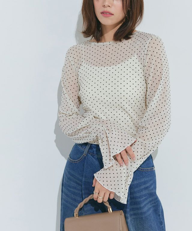 167cm / ドット / アイボリー×ブラック / クルーネック / M