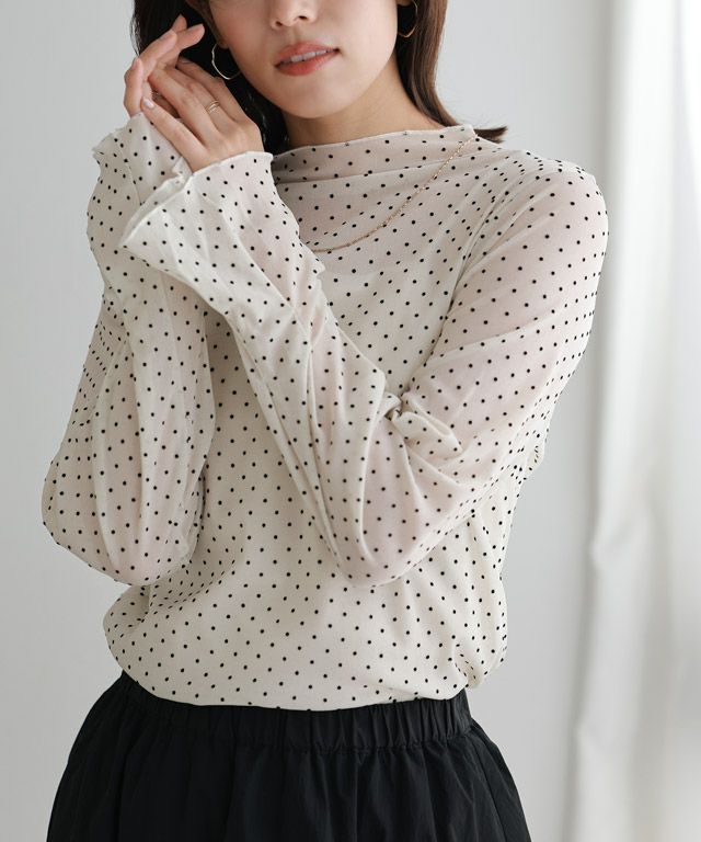 167cm / ドット / アイボリー×ブラック / ハイネック / M