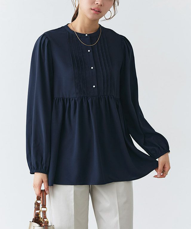 パールボタンピンタックペプラムブラウス