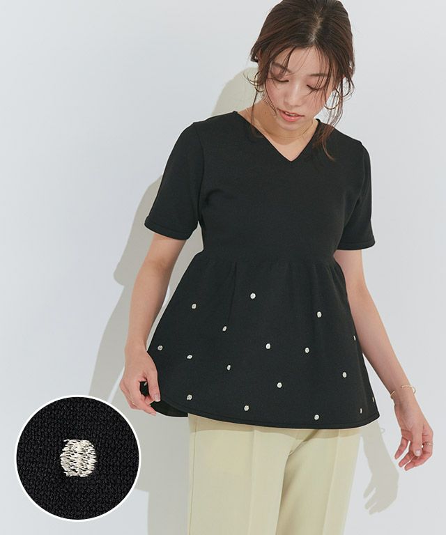 ドットラメ刺繍ペプラムニット