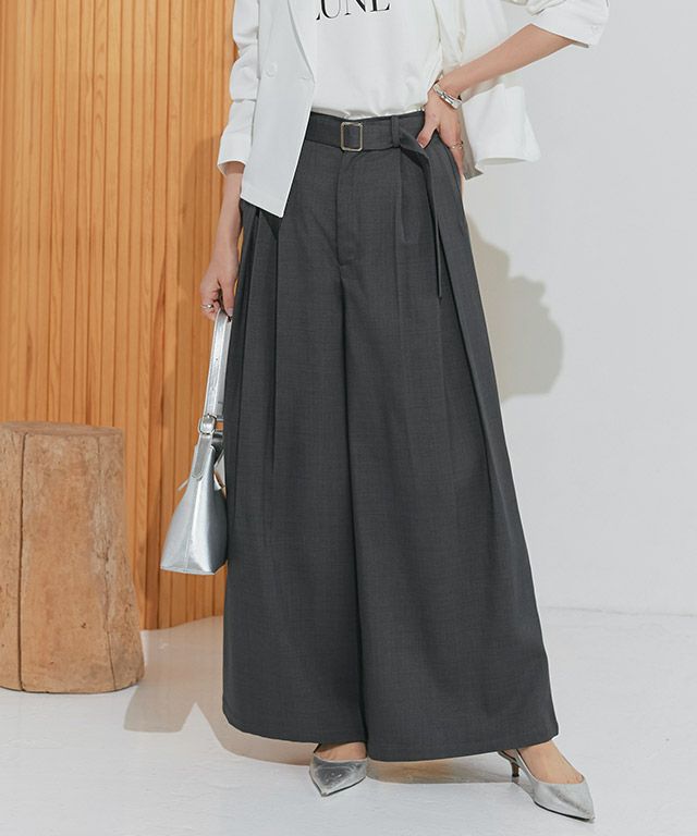 リネンライクベルト付きタックワイドパンツ