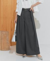 リネンライクベルト付きタックワイドパンツ