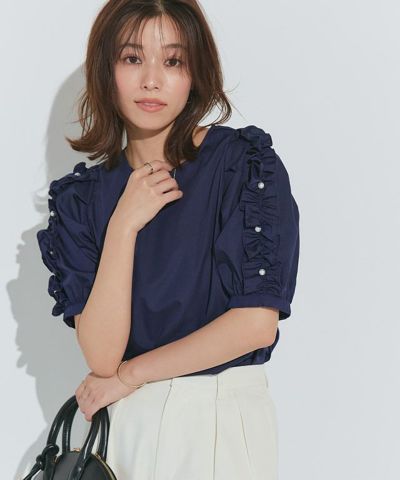 袖パールデザインフリルトップス