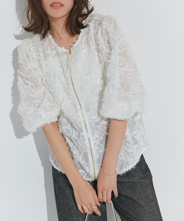 2wayジャカードジップボリュームブラウス