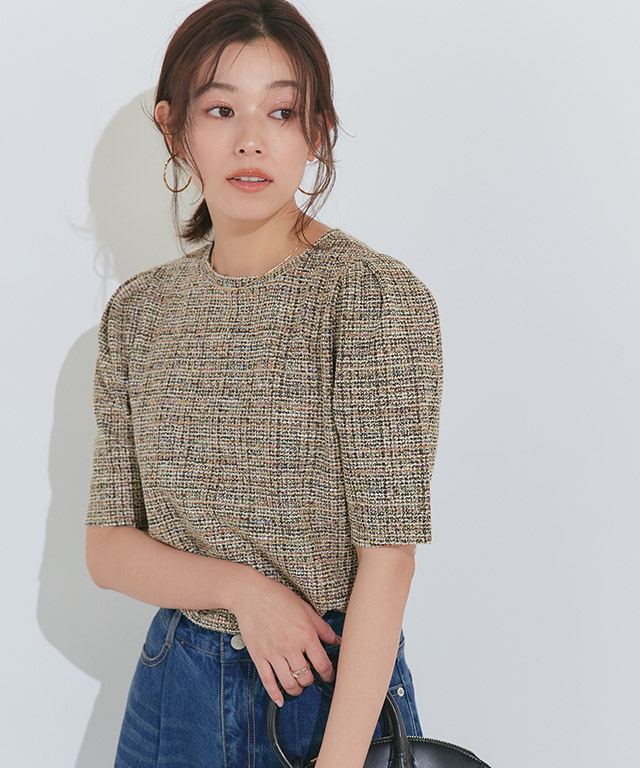 ツイードパフスリーブカットソー