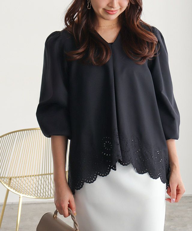 レース切り替えボリュームスリーブブラウス