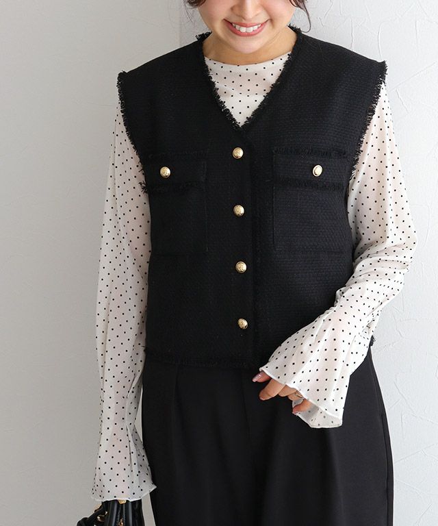 ゴールドボタンフリンジツイードベスト