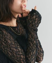 袖シャーリングレースカットソー