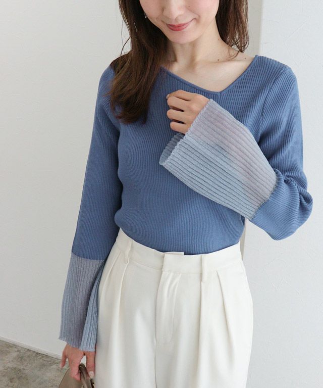 袖シアー切り替えアシメネックリブニット