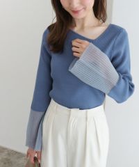 袖シアー切り替えアシメネックリブニット