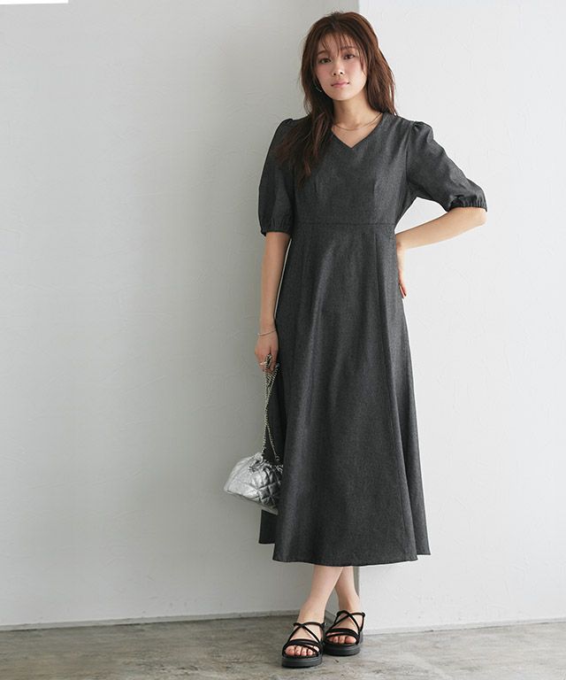 シャンブレーパフスリーブワンピース