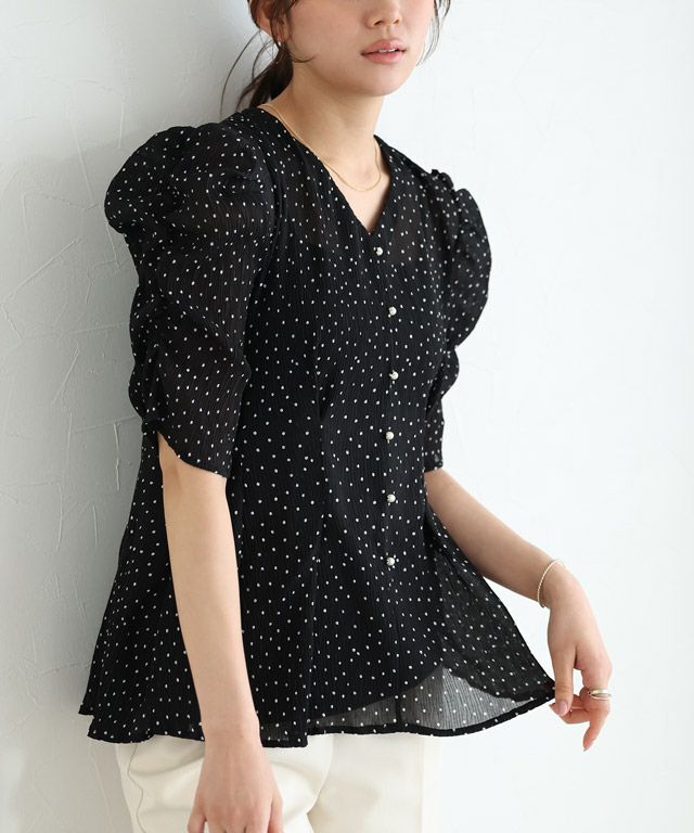 ドット楊柳ウエストタックブラウス【Pierrot】