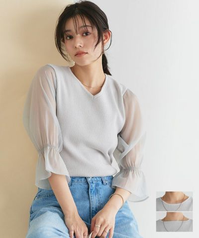 ネックが選べるシアードッキングキャンディースリーブニット【Pierrot】◆送料無料