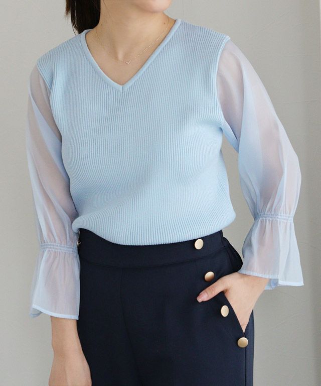 157cm / Vネック / ライトブルー / M