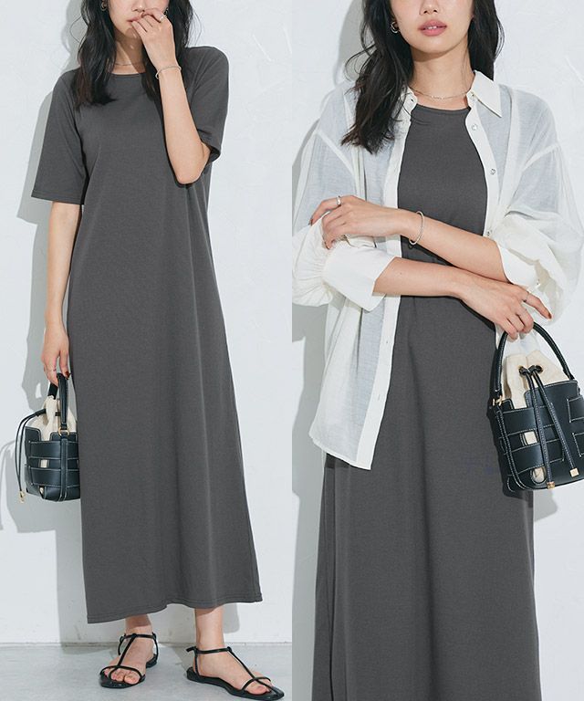 袖が選べるテレコリブワンピース