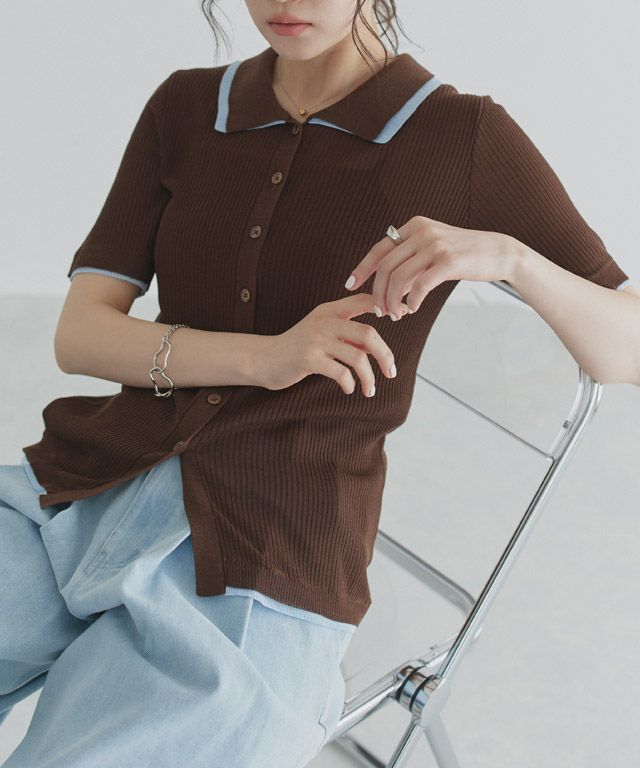 [ECLAM] 麻タッチ配色デザインカーデ