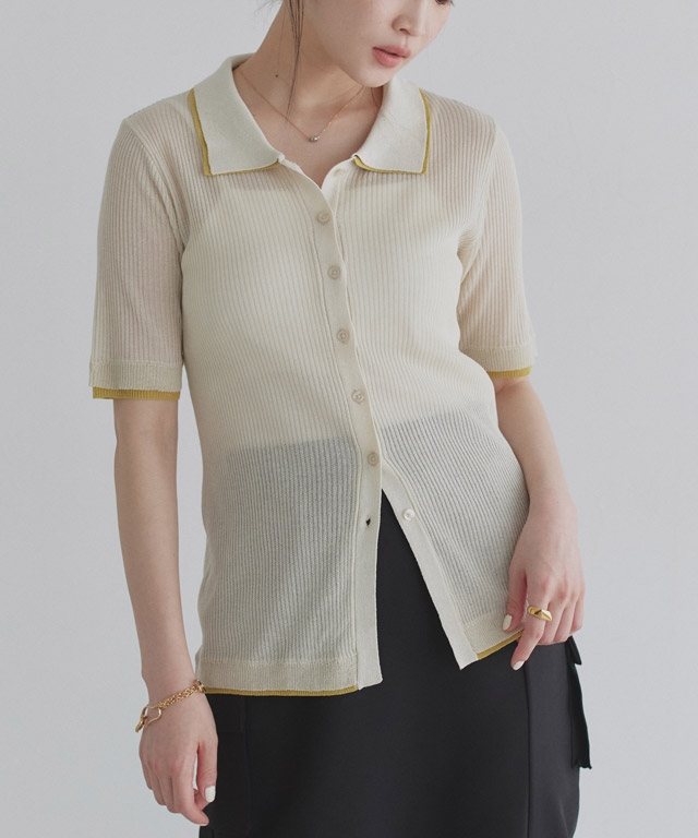 [ECLAM] 麻タッチ配色デザインカーデ