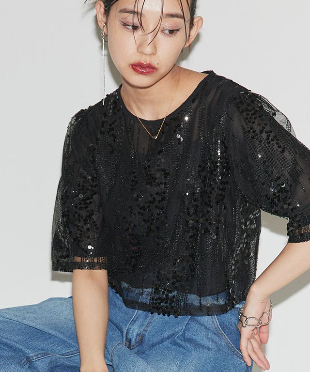 [ECLAM] スパンコールクロップドブラウス