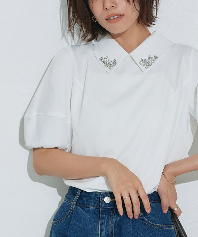 ビジュー付き構築袖ブラウス