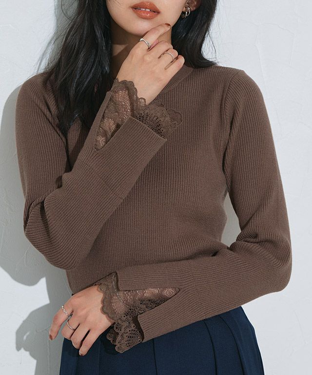 袖スカラップレースデザインニット