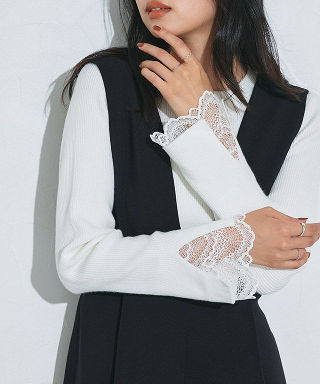 袖スカラップレースデザインニット