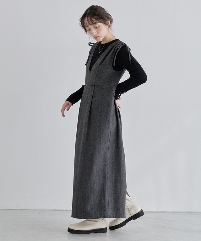 [ECLAM] ベルト付きヘリンボーンジャンパースカート