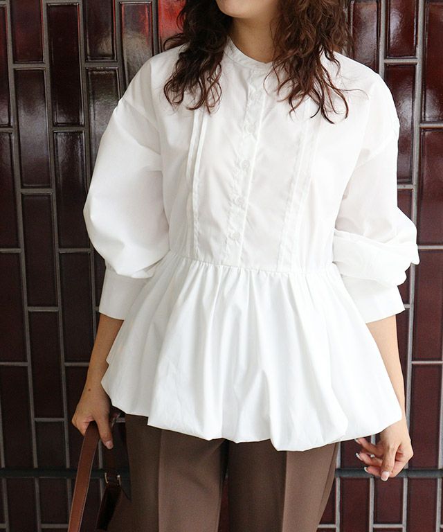 バンドカラーバルーンペプラムブラウス