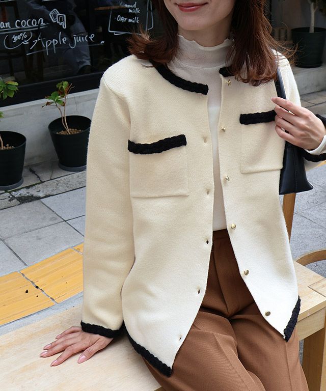 ゴールドボタン配色ニットジャケット