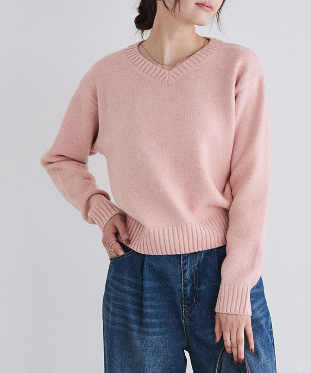 166cm / ラメ / ピンク / Vネック / M