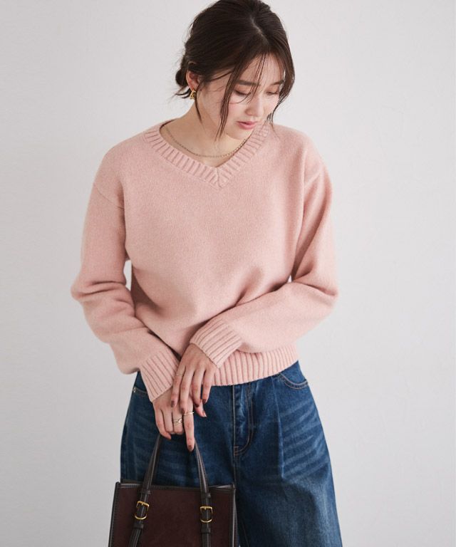 166cm / ラメ / ピンク / Vネック / M