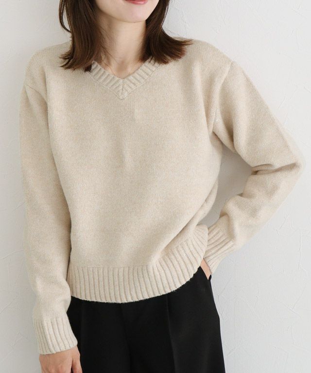 163cm / ラメ / ベージュ / Vネック / M