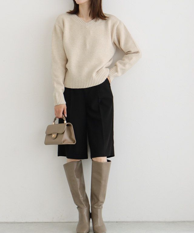 163cm / ラメ / ベージュ / Vネック / M