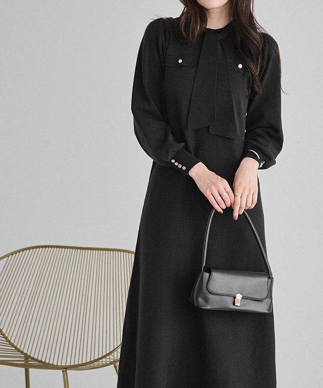 ボウタイポケットニットワンピース