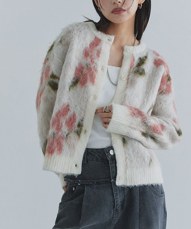 [ECLAM] 2way花柄シャギーニットカーディガン
