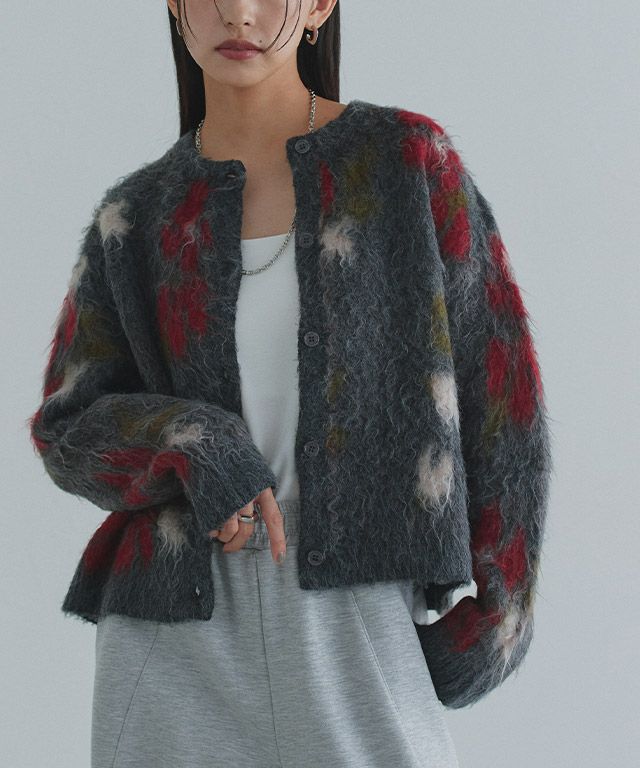 [ECLAM] 2way花柄シャギーニットカーディガン
