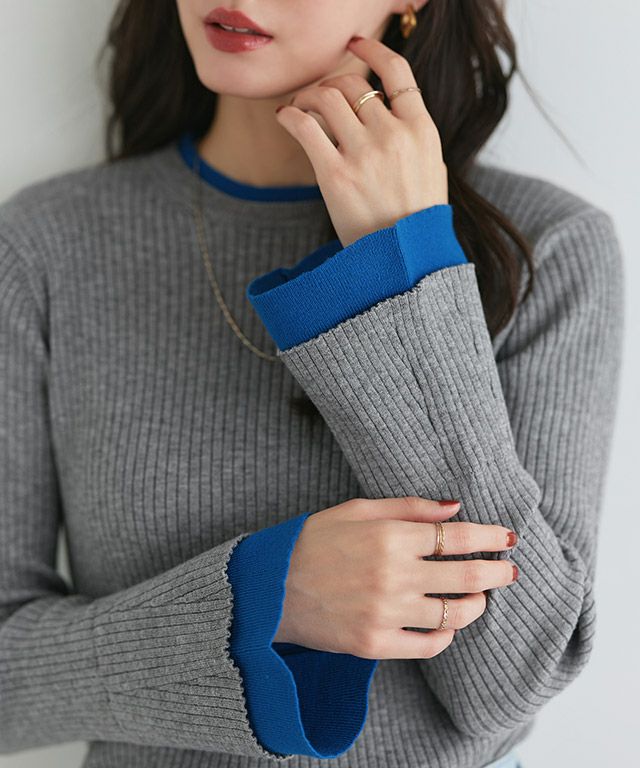 バイカラーフレアスリーブリブニット