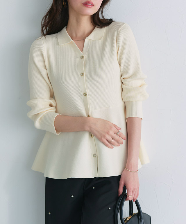 襟付きＶネックぺプラムカーディガン