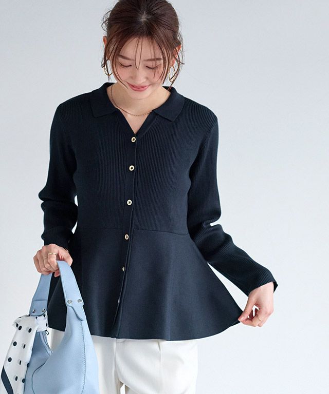 襟付きＶネックぺプラムカーディガン